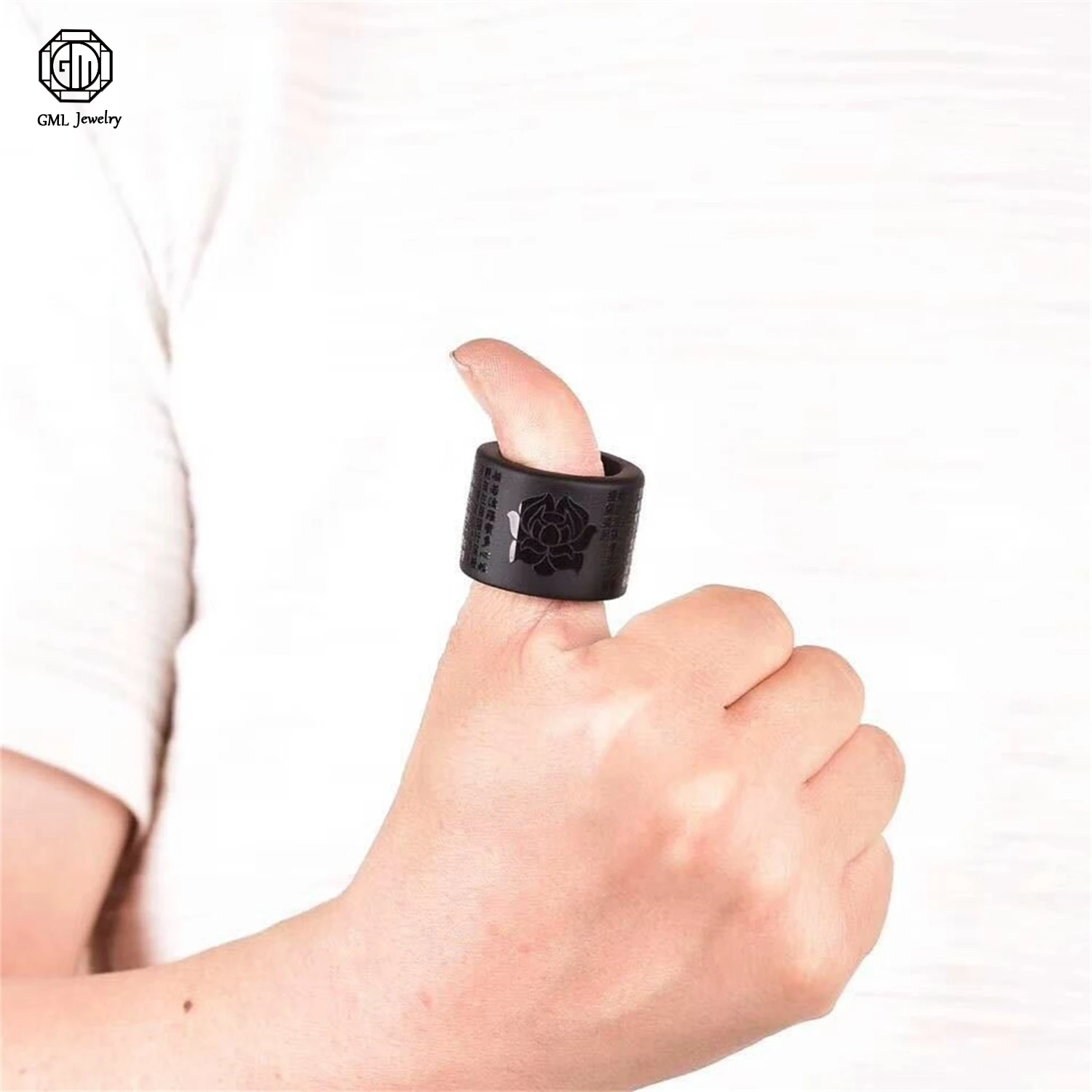 

Мужское массивное регулируемое кольцо на большой палец из натурального черного обсидиана с гравировкой Сутры Сердца и драконьего жемчуга, броское, мужественное