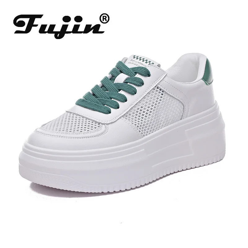 Fujin 5cm Air Mesh Genuine Leather White Sneakers Women Platform Shoes Women Casual Shoes Fashion Sneakers Summer Autumn Shoes