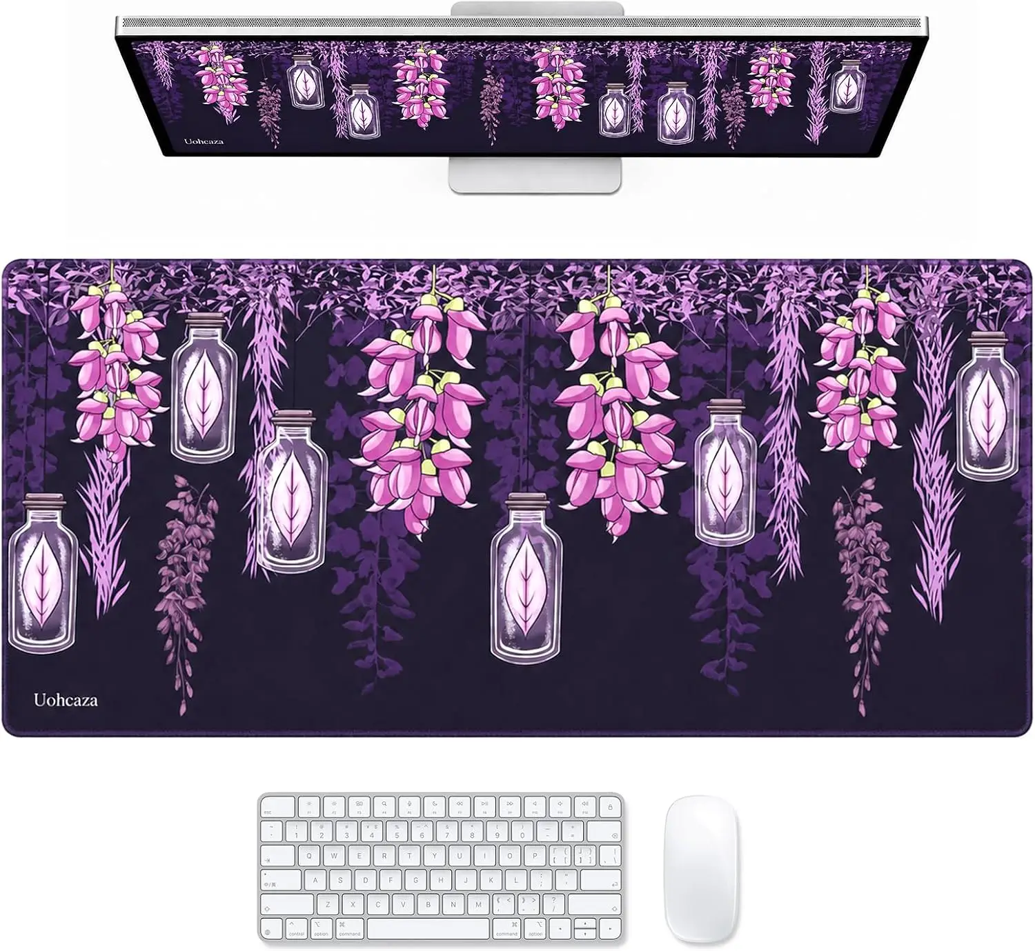 Purple Wisteria Large Gaming Mouse Pad, Elegant Purple Wisteria Glass Bottle Dark Floral Art Pattern, Non‑Slip Mat For PC Laptop
