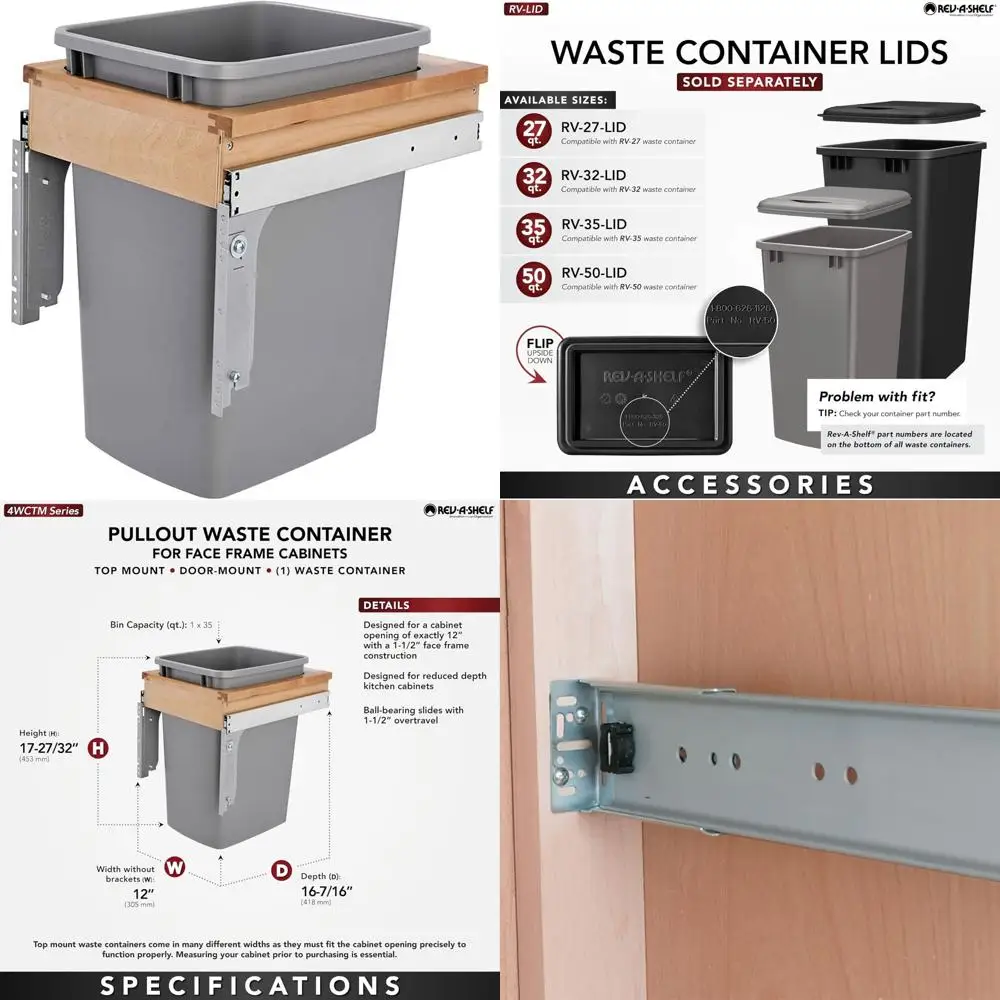 

rev-a-shelf 35-quart wood top-mount single pullout trash can with reduced depth, silver, 12x1.5 face-frame, model 4wctm-151
