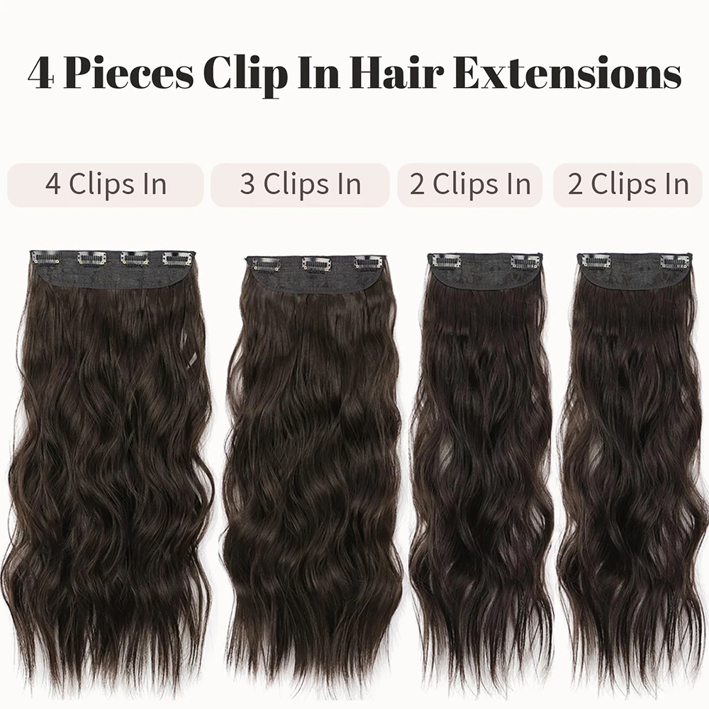 Extensiones de Cabello con Clip para mujer, postizo sintético ondulado con ondas largas de sirena, color negro, 4 piezas, 24 pulgadas