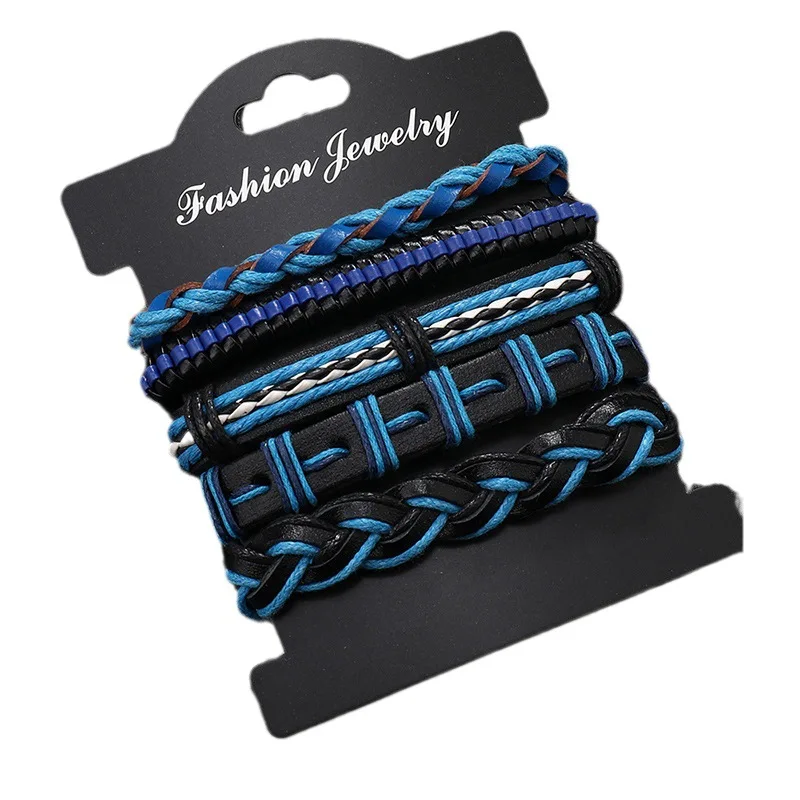 Blue Braided Rope Vintage Men Bracelets Hiphop Hand Strap Punk Bracelet Jewelry Gift 5 Pcs/Set