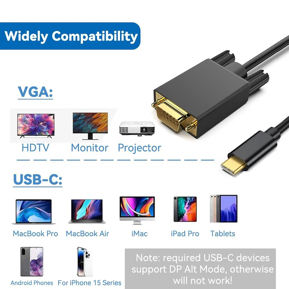 Кабель-адаптер 1,8 м/6 футов с USB C на VGA, Кабель-адаптер 1080P с USB 3.1 Type-C на VGA, Кабель-адаптер Type-C на VGA для монитора, настольного проектора