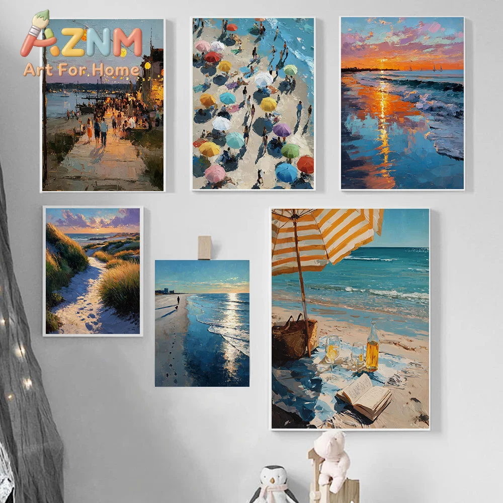 Twilight Beach Summer Coastal Poster Vintage Umbrella Sunrise Ocean Modern Prints Canvas Wall Art Picture Home Living Room De