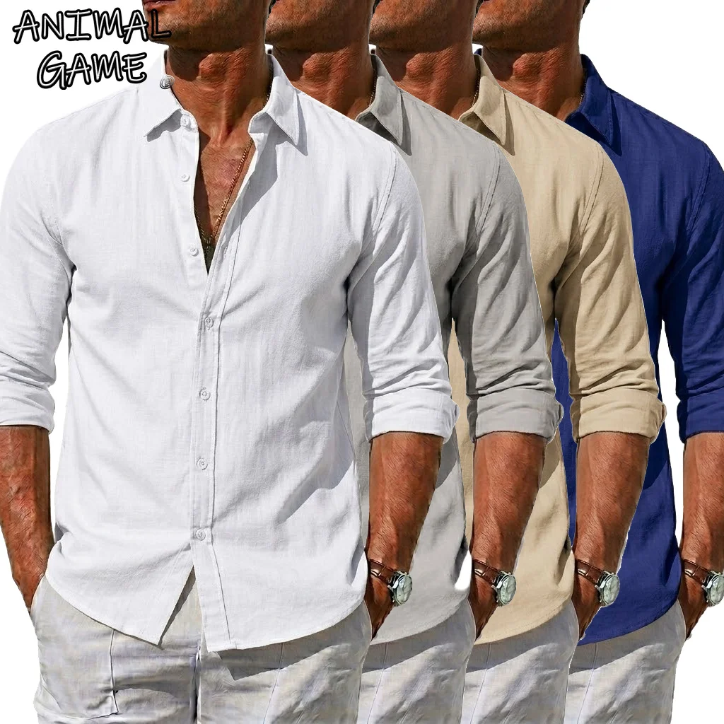 Men's Casual Long Sleeve White Shirt Large Long Sleeve Lightweight Shirt Autumn Casual Men's Cotton Linen T-shirt Man Streetwear