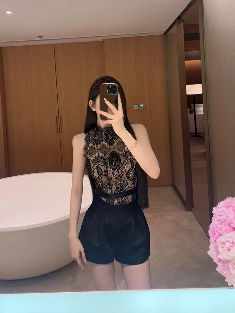 

Ele Lace Svel Stand Collar Top in Tee Colors Slimming Acetate Fabric Breathable Summer Faionable Women's irt
