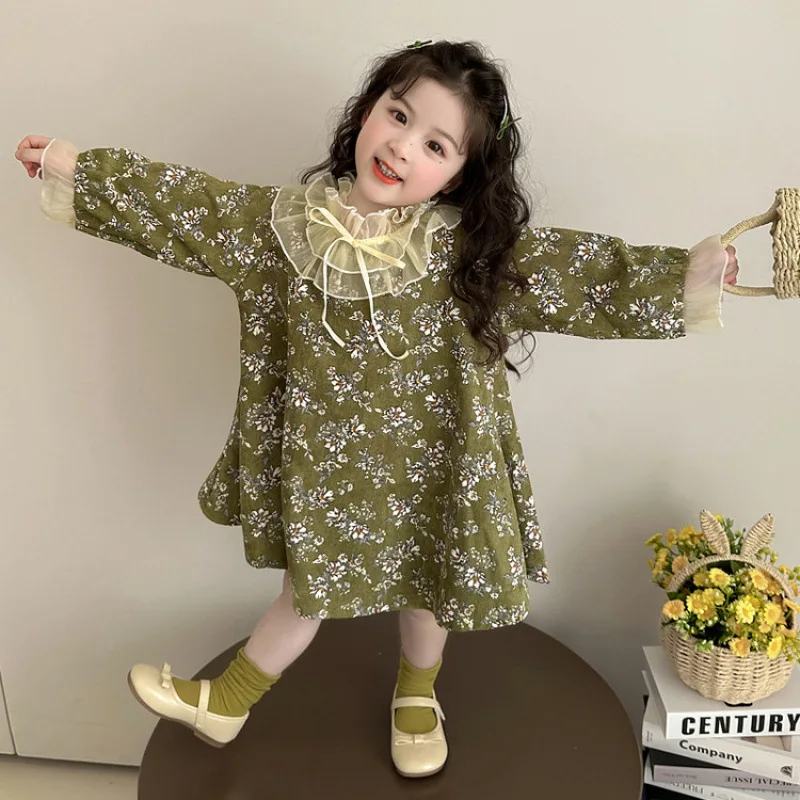 

Female Children's Floral Dress for Spring and Autumn2026New model Tongyang Style Corduroy Princess Dress Baby Spring Dress