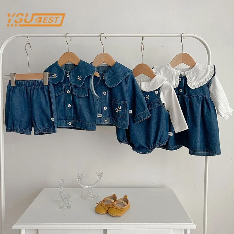 Infant Kids Baby Girls Lapel Denim Set Sweet Baby One Piece Rompers 2Pcs Clothing Sets Baby Girls Children\'s Clothes Suit