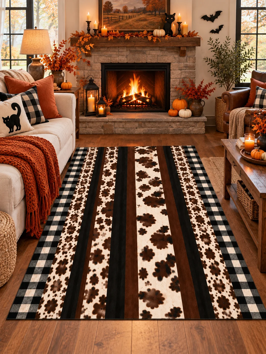 Halloween Farmhouse Area Rug, Black White Buffalo Plaid Border with Brown Cow Print and Dark Stripes, Soft Flannel Floor Carpet, Rustic Western Style Seasonal Decor, Cozy Statement Rug for Bedroom, Living Room, Fall Home and Halloween Party