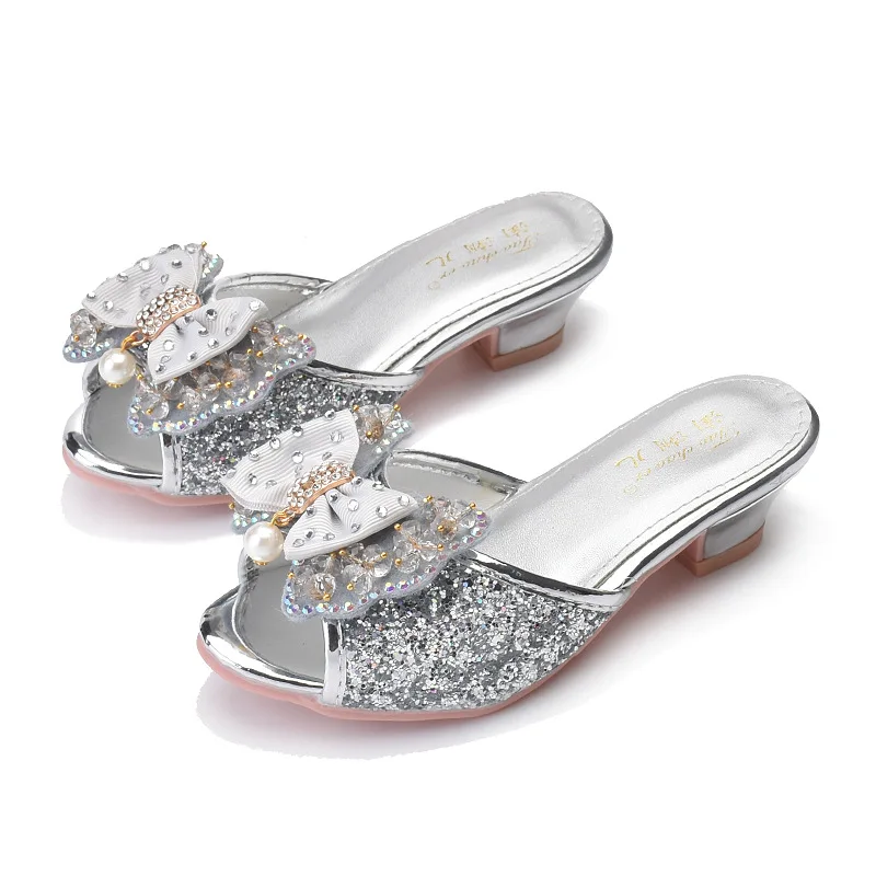 Girls High-heeled Sandal Slippers Children\'s Slippers Bow Pearl Kids Crystal Drill Princess Wedding Party Performance Slippers