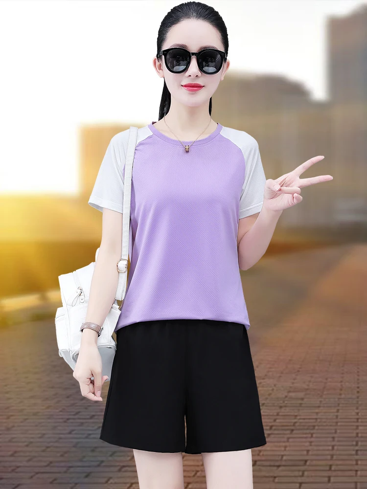 

Комплект спортивной одежды Qui Dry для женщин, летний тонкий, свободный, дышащий, модный, летняя одежда для мам средней жизни, комплект из двух предметов