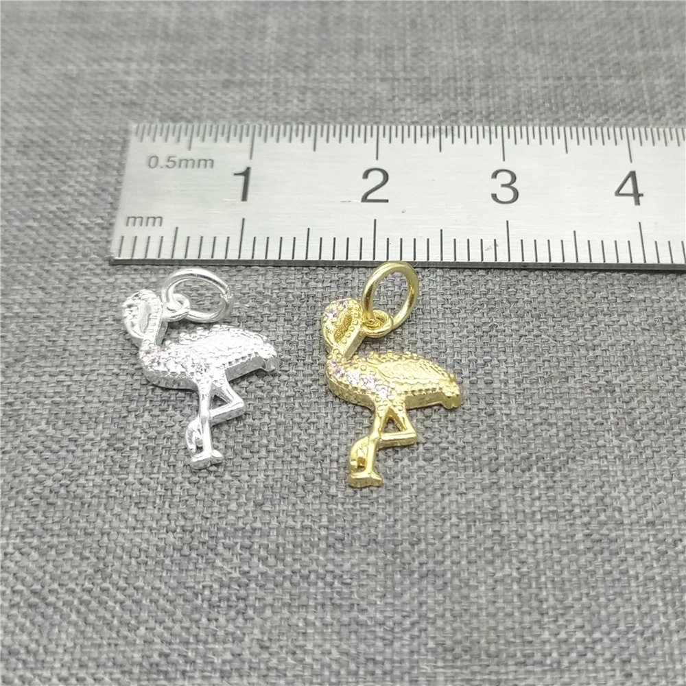 2pcs of 925 Sterling Silver Crane Charms w/ Pink CZ Gold Plated for Necklace Bracelet