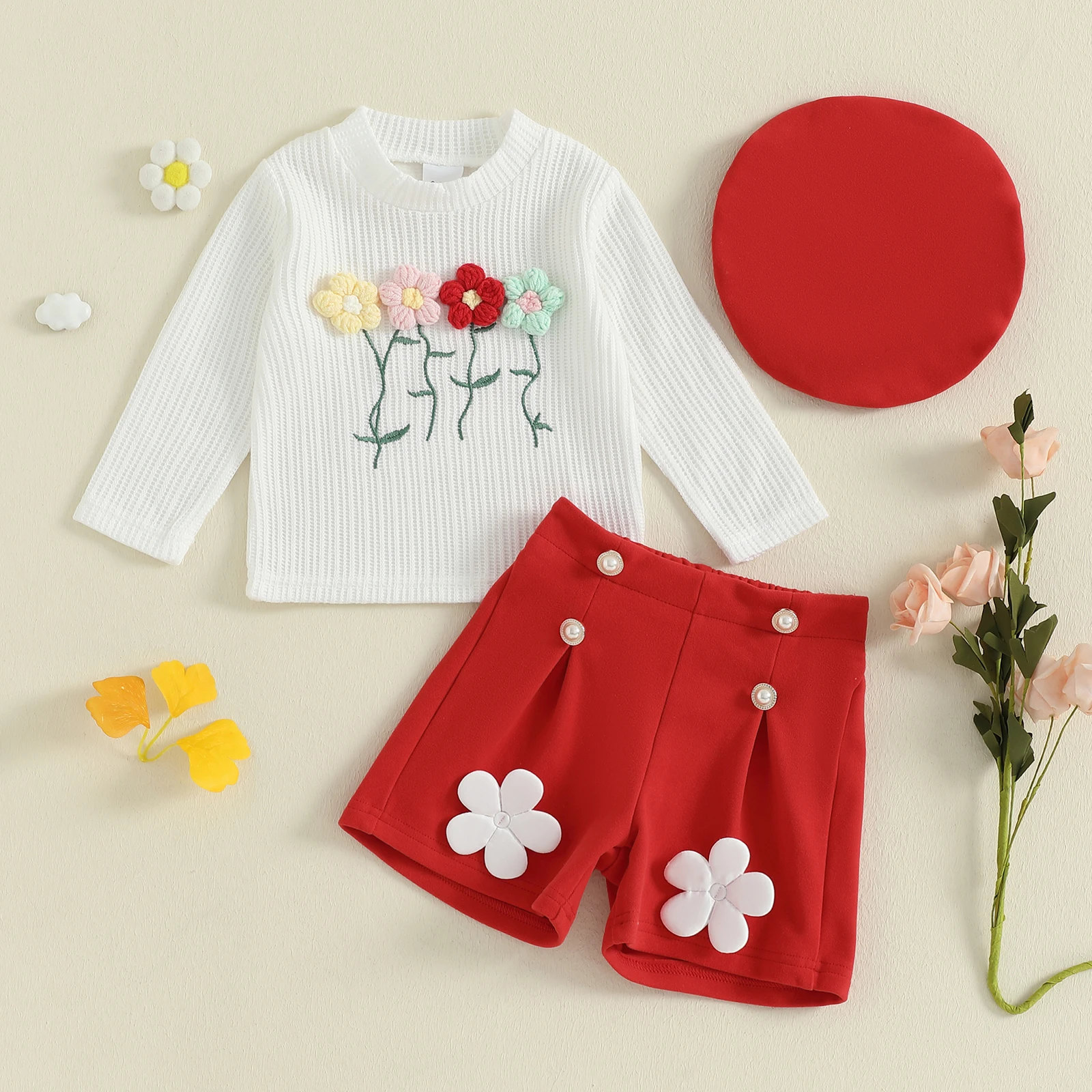 0-4Y Toddler Girl Fall Outfits 3D Flower Long Sleeve Round Neck Pullover Tops Shorts Beret 3 Pcs Sets