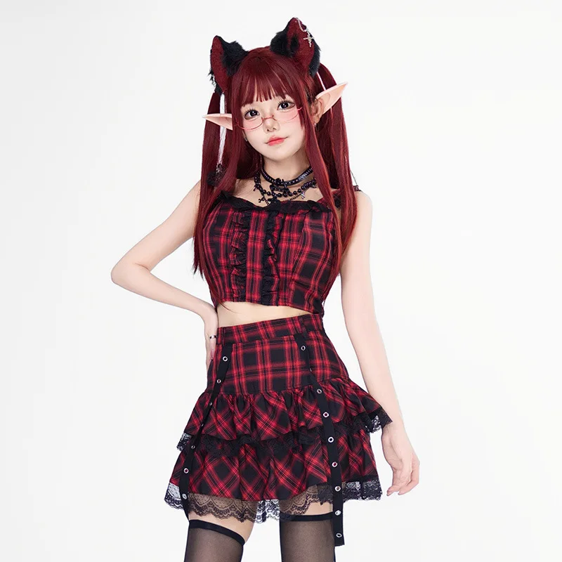 Dark Gothic Subculture Lace Spicy Girl Sweet Cool Red and Black Checkered Punk Top Half Skirt 2-Piece Set Halloween Costume