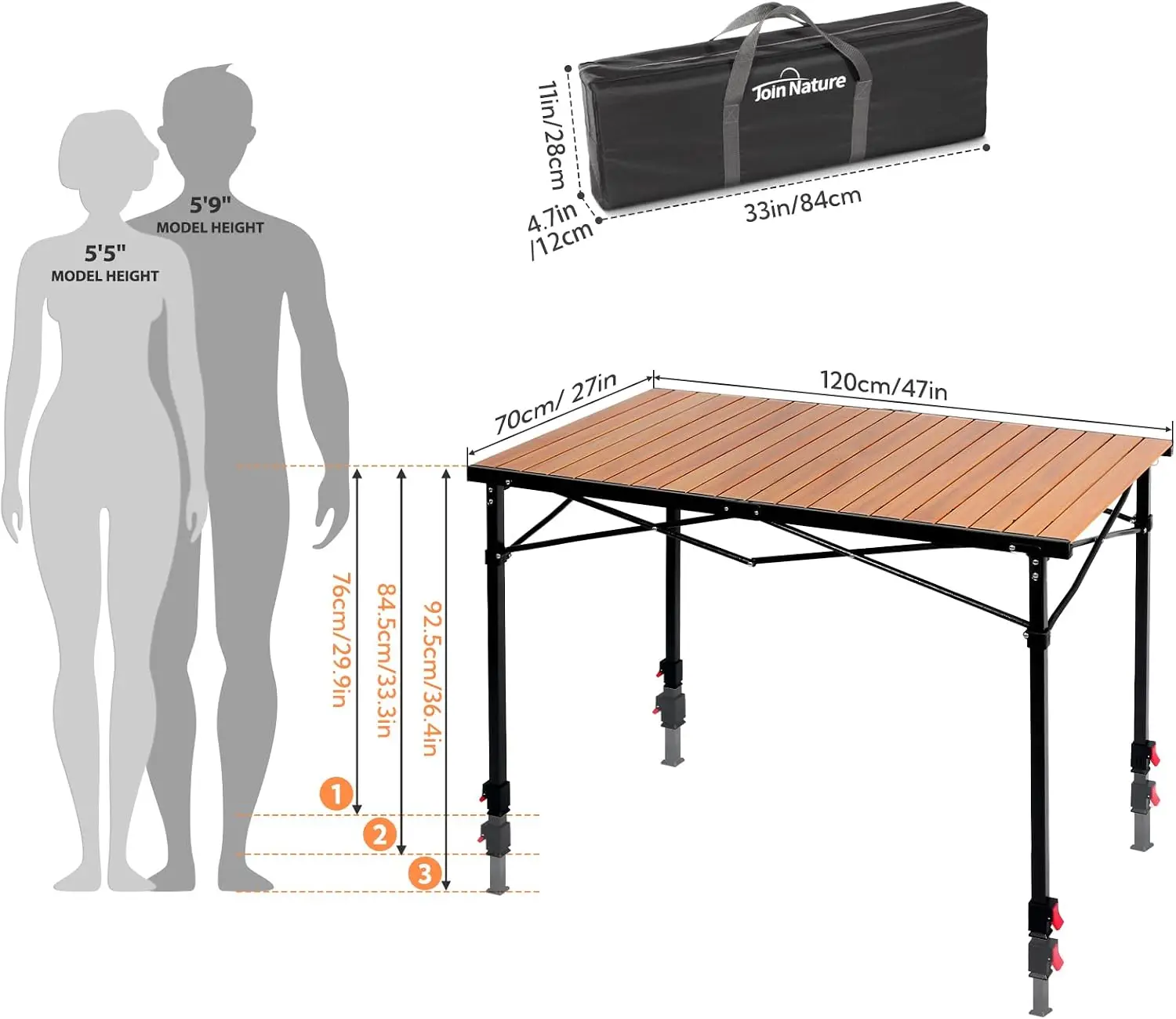 Portable Outdoor Adjustable Height Camping Table, Large for 2-6 Person, Foldable Roll-up Aluminum Camp Table with Carry Bag