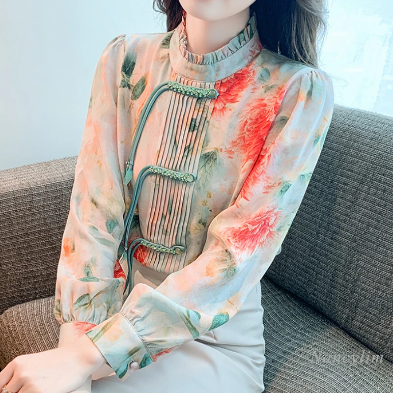 

Design Sense Niche Shirt Women Spring and Autumn Shirts and Blouse 2024 New Beautiful Fold Ruffles Collar Long Sleeve Blusas Top