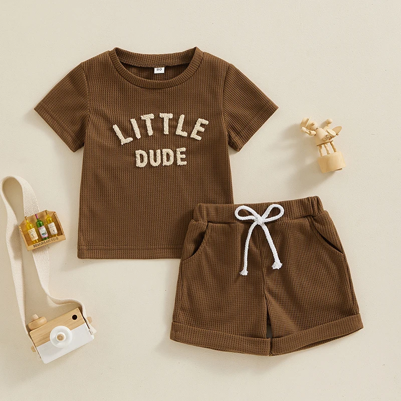 

Toddler Boys Summer Outfits Fuzzy Letter Embroidered Waffle Short Sleeve T-Shirts Tops and Elastic Waist Shorts 2Pcs Clothes Set