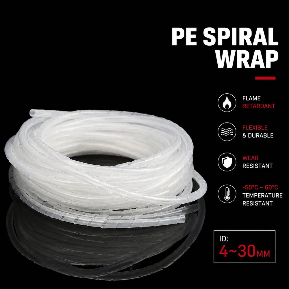A pack of White PE Spiral Wound Sleeve ID 4~30MM Easy to disassemble/aging/wear/cable protection spiral sleeve