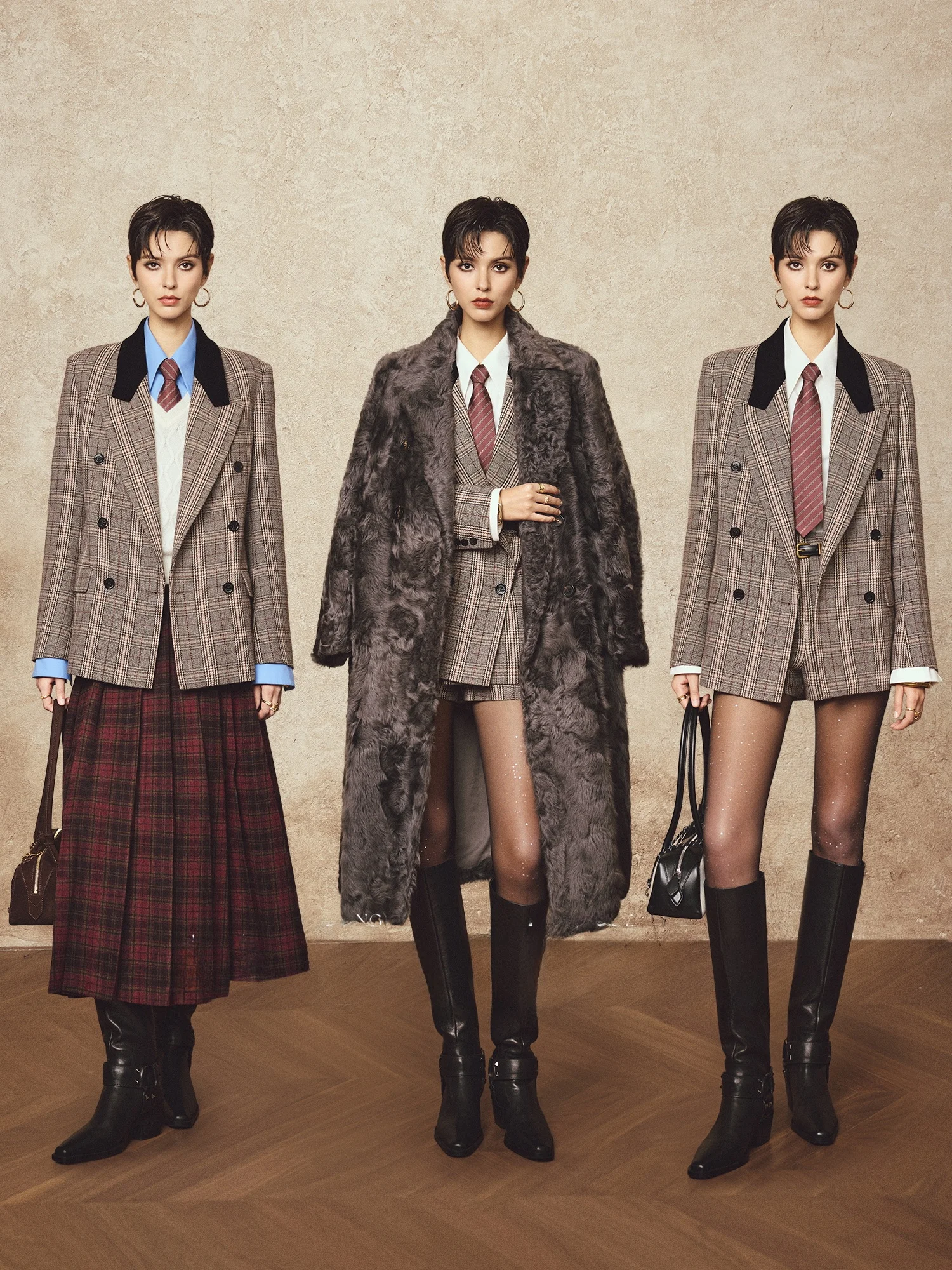 

High-End Vintage Modern i Plaid Velvet Collar Woolen Suit Skirt Women's Faion Retro Sle Commute Anti-Wrinkle Long ...