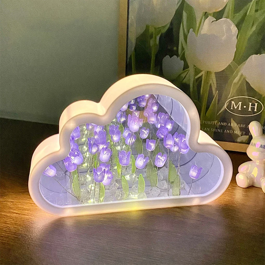 Lampu Malam Tulip Awan Buatan Tangan DIY Bahan Bunga Dekorasi Rumah Cermin Lampu Suasana Kreatif Hadiah Ulang Tahun Hari Valentine