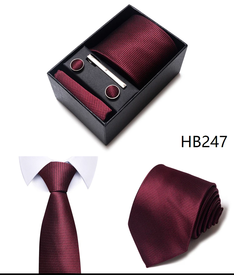 Hochwertige lila gestreifte Krawatte Taschentuch Manschettenknopf Set für Männer Krawatte Urlaub Geschenkbox Anzug Zubehör Hochzeit Gravats – Detail 25