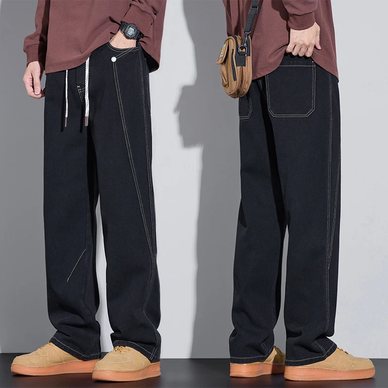 

Черные, серые мужские повседневные джинсы, осенние новые винтажные прямые брюки, свободные мужские удобные джинсовые брюки на шнурке