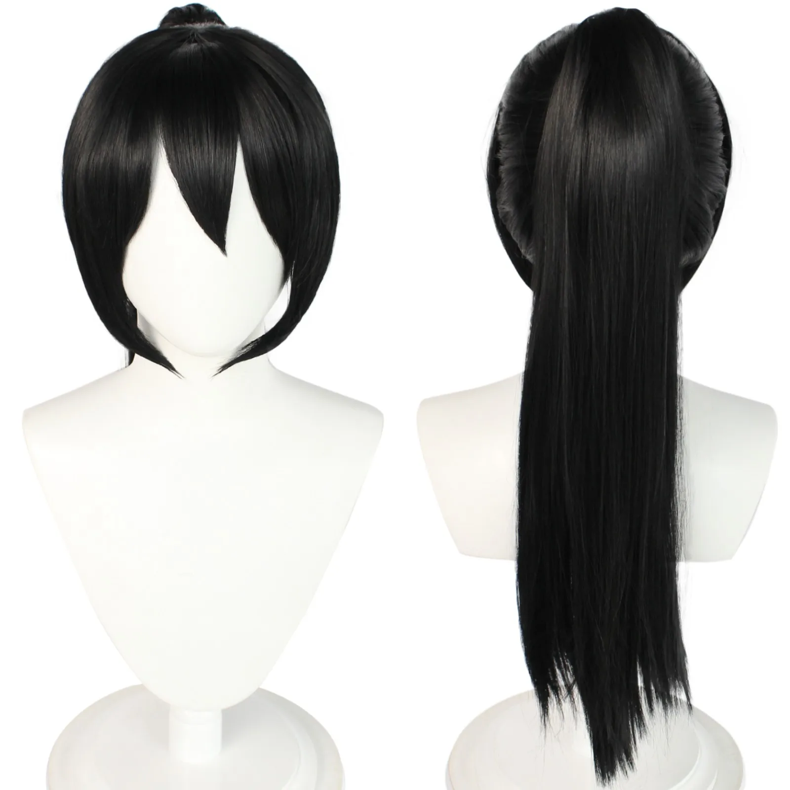 Straight Long Black Clip-in Ponytail Wigs With Bangs Daily Yukimura Jiziru Cosplay Wig for Halloween Christmas School