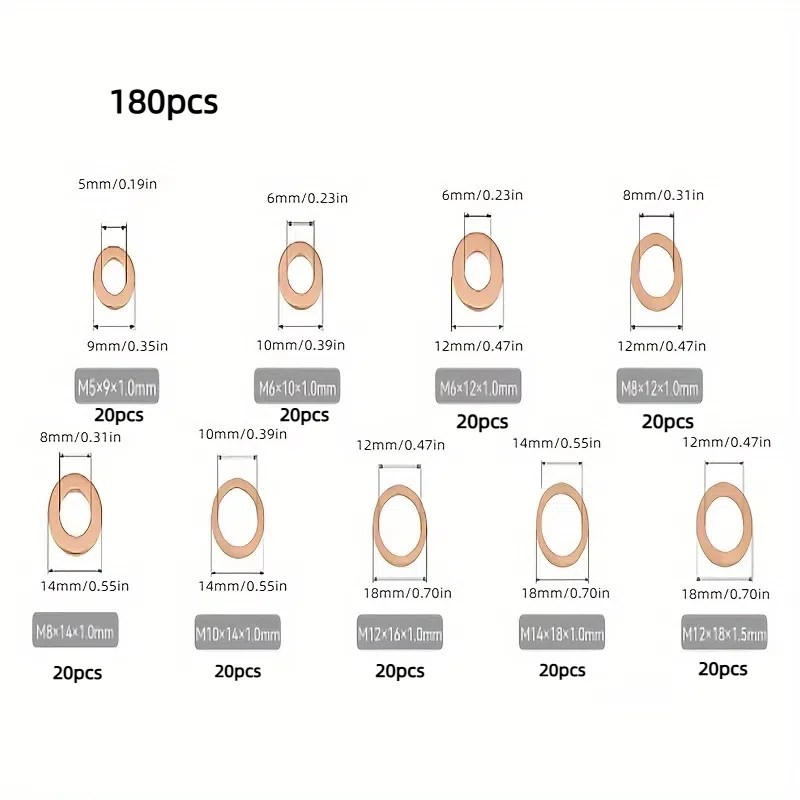 90/180 PCS Boxed Purple Copper Gasket, Oil Seal Gasket, O-Shaped Sealing Washer, Purple Copper Flat Washer