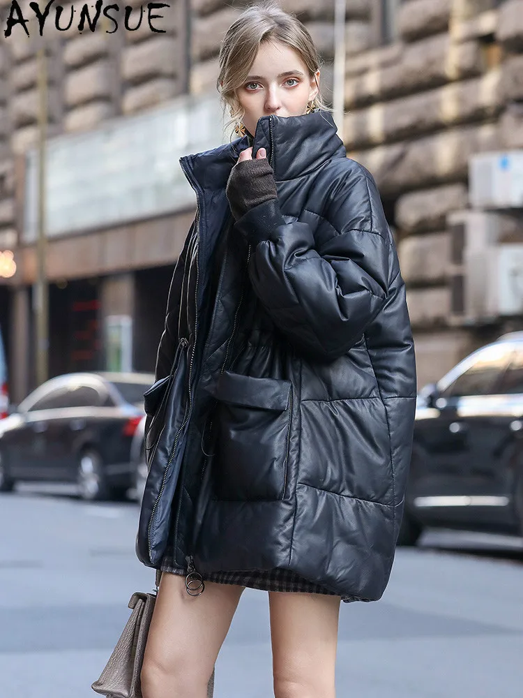 AYUNSUE-jaqueta feminina de pele de carneiro genuína, parkas soltas casuais, casaco meio longo, 90% branco para baixo, inverno