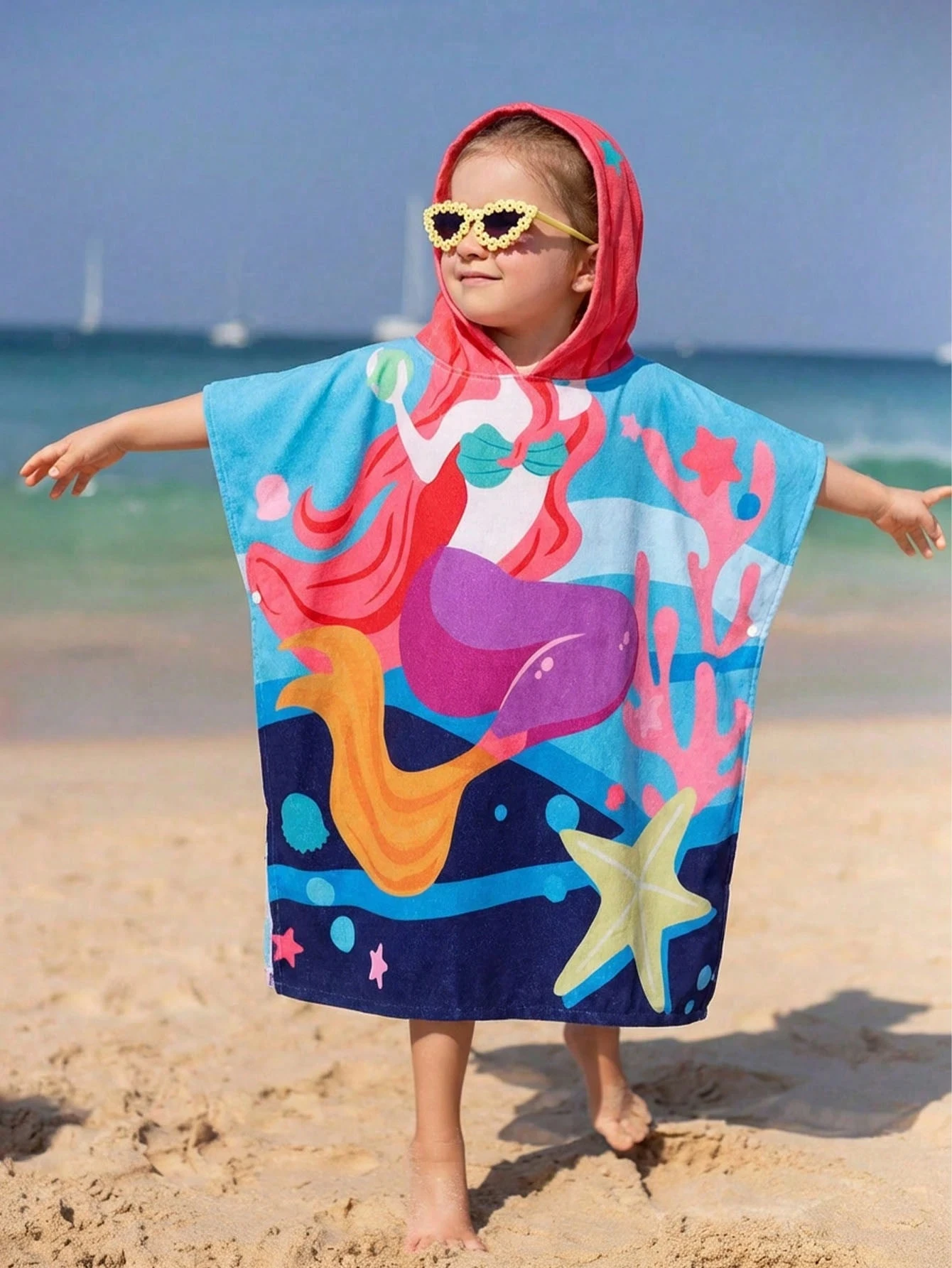 Kids Hooded Beach Towel Red Hair Mermaid Print, Soft Absorbent Poncho Towel for Swimming Pool, Bath, Quick Dry Cover Up