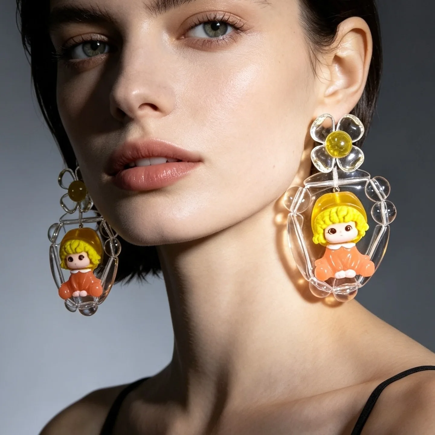Lovely Cartoon Doll Resin Drop Earrings Transparent Bead Floral Design Hypoallergenic Silver Post Ladies Daily Banquet Ear Acces