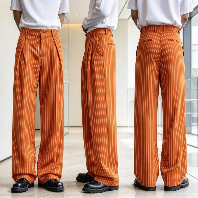 Men's Pinstripe Pleated Wide Leg Trousers High Waist Loose Suit Trousers Fit Business Wedding Party Formal Casual Daily Pants