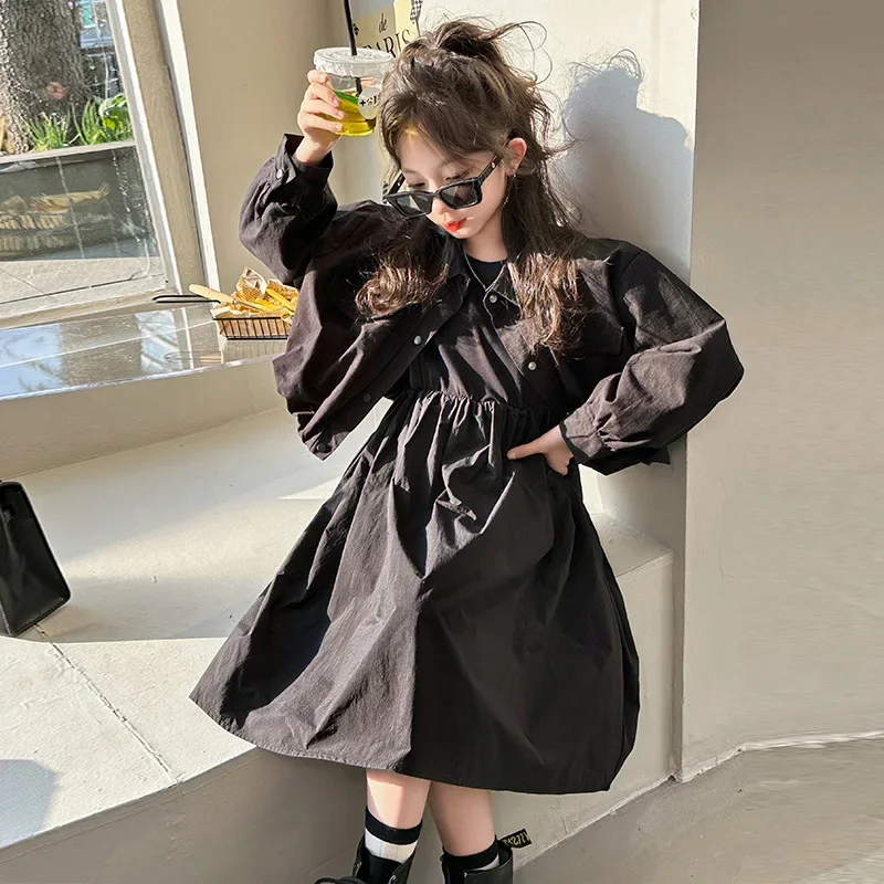 Girls' Dress 2024 New Spring Dress Big Children's Casual Work Coat Girls' Set Solid Color dress