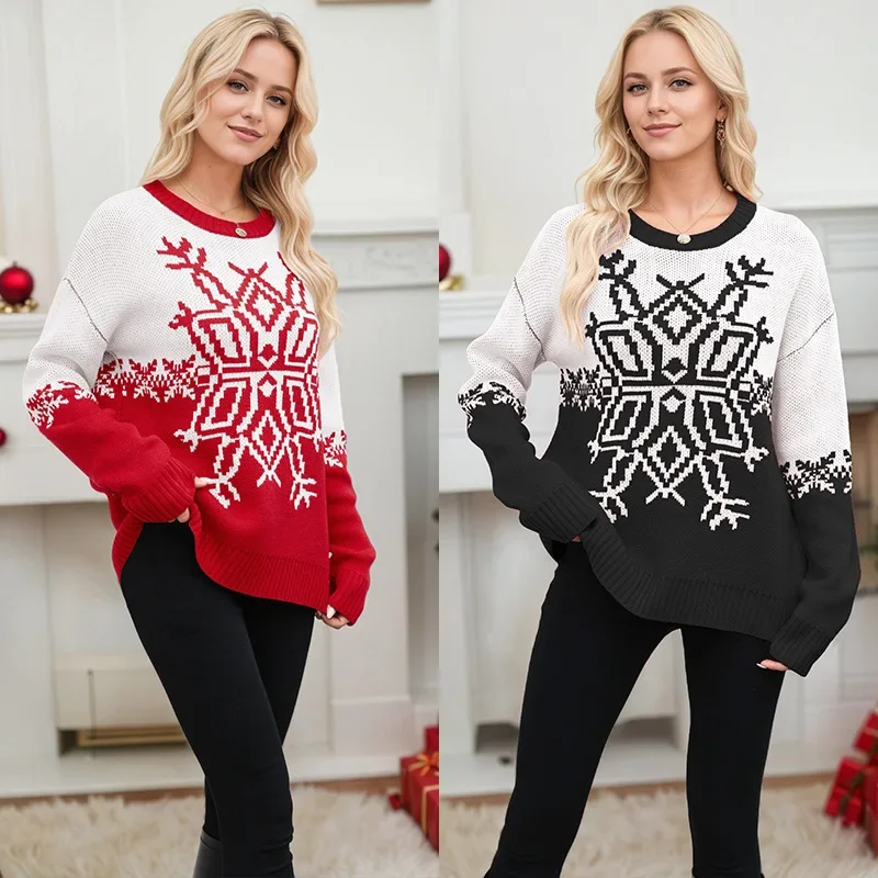 

2025 Cross-border Autumn and Winter New Wish Christmas Snowflake Long Sleeve Base Knitted Sweater for Women