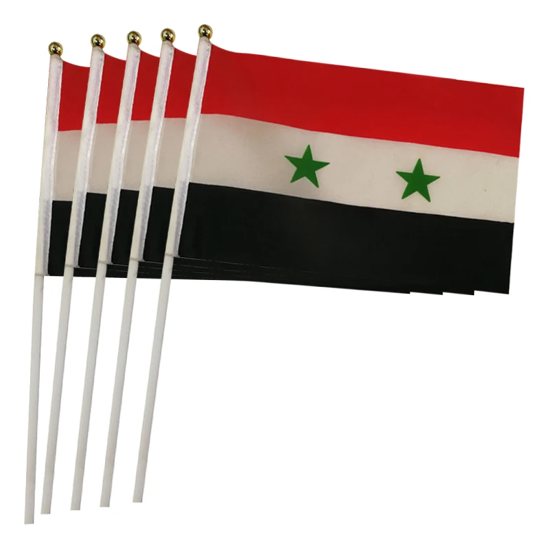 xvggdg  100pcs 14 * 21cm National Flag  Syria  hand  flags  with plastic flagpole Polyester Printing flag