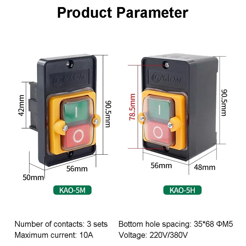 KAO-5H KAO-5M 10A 380V for Cutting Machine Bench Drill SwitchWaterproof Push Button Switch Power on/ Off Switch