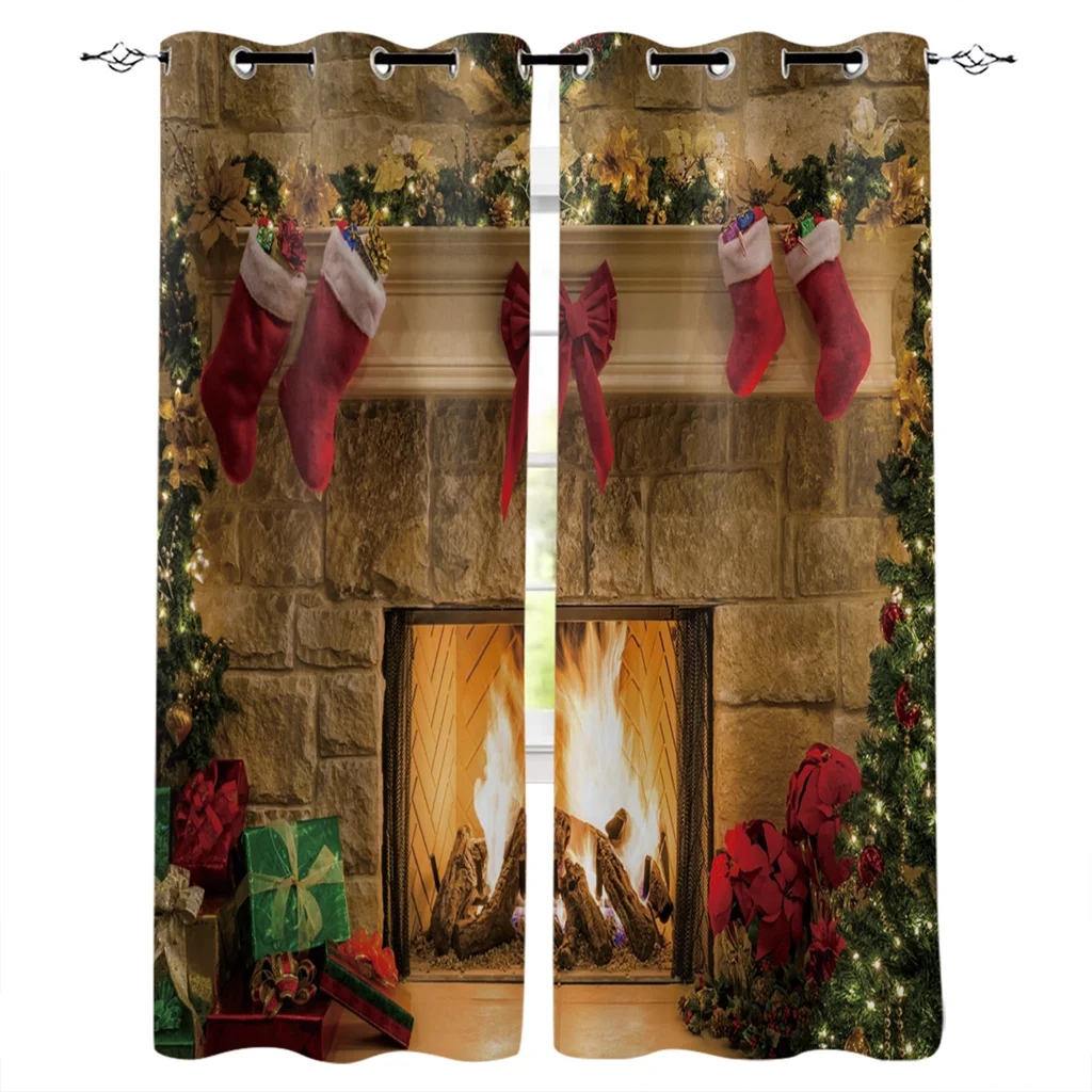 

Fireplace Christmas Stockings Fire Luxury European Curtains for Living Room Festival Window Curtain Bedroom Drapes Window Panels