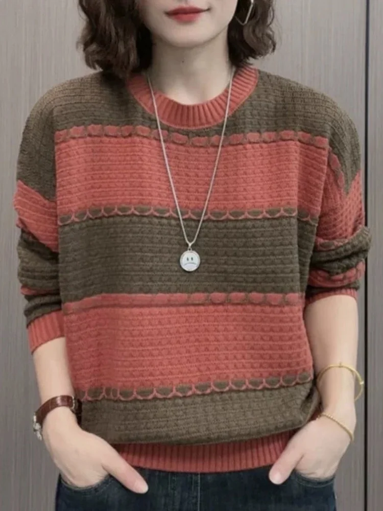 เสื้อไหมพรมลายทางสีสันสดใส ทรงหลวม สไตล์ลำลอง สำหรับผู้หญิง ช่วยปกปิดหน้าท้อง เหมาะสำหรับคุณแม่ แขนยาว คอกลม แฟชั่นฤดูใบไม้ร่วง...