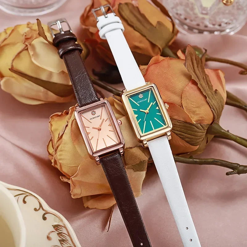 Cinturino in pelle retrò orologi al quarzo da donna semplice quadrante quadrato verde con diamanti orologio da polso da donna Relogios Femininos