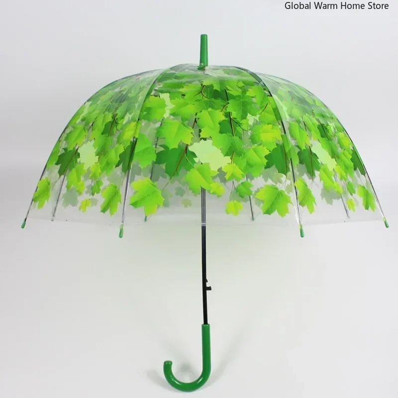 

New Long Handle Transparent Mini Umbrella Clear Baking Paint Originality Summer Green Autumn Maple Leaves Creative Kids Umbrella