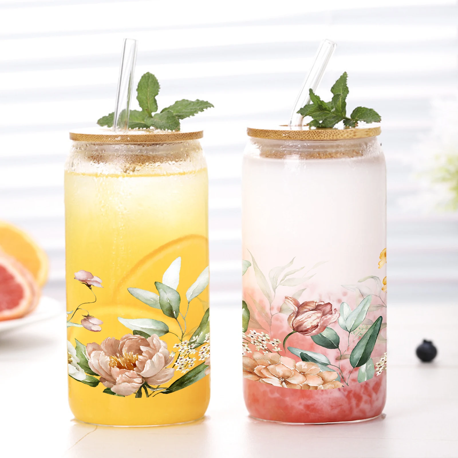 Tropical Leaf 3d Pattern 16oc Libbey Glass Tumbler 16oz Sublimation Glass Can With Lid&Straw Coffee Glass Mug Holiday Glass Can