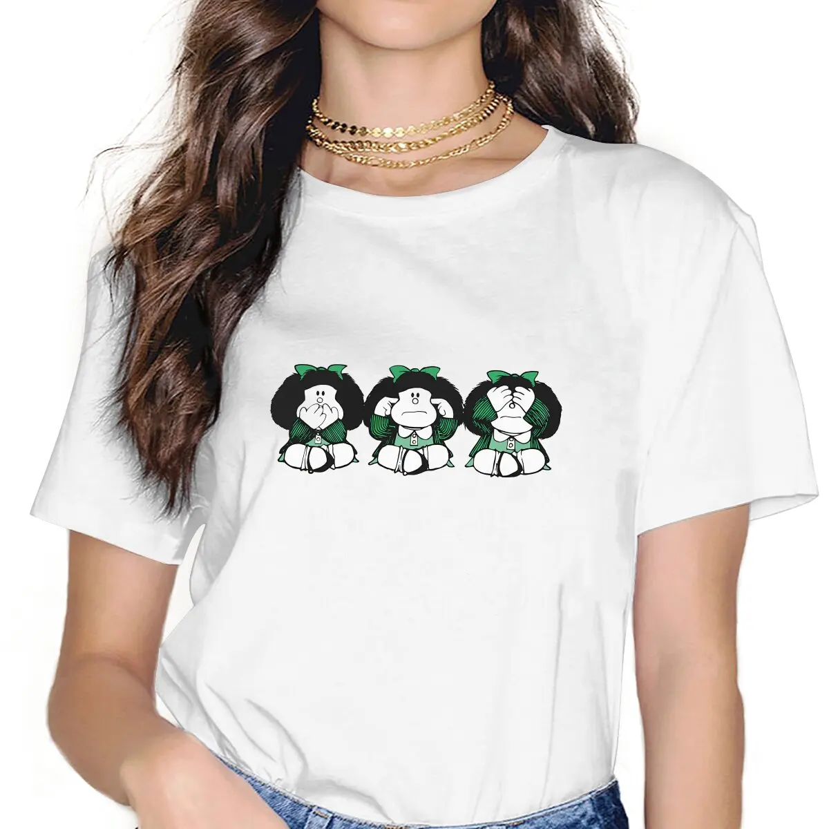 Camiseta de dibujos animados de Mafalda para mujer, Tops femeninos de tres monos, camisetas de poliéster con gráfico Kawaii Y2k, camisetas para mujer