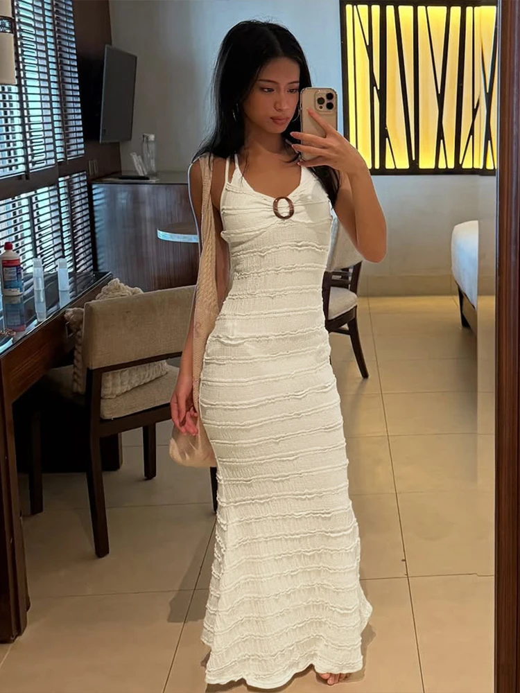 Vestido sem costas sexy para mulheres, com várias camadas, arestas de renda, anel de lantejoulas, férias, festa de praia, elegante, slim