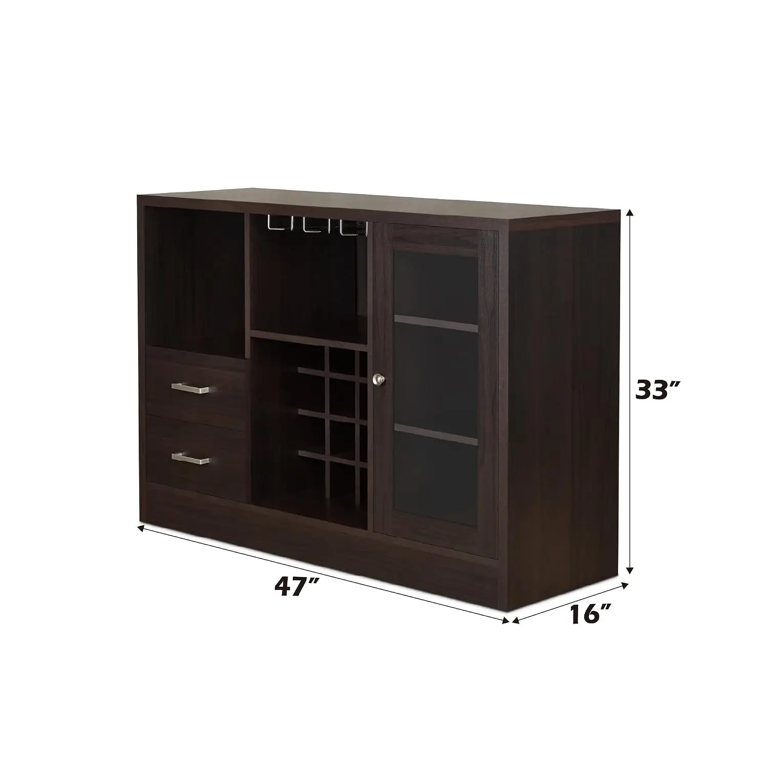 Espresso Wine Cabinet Glass Door Stemware Rack & Shelves, Two Drawers, Open Storage, Customized