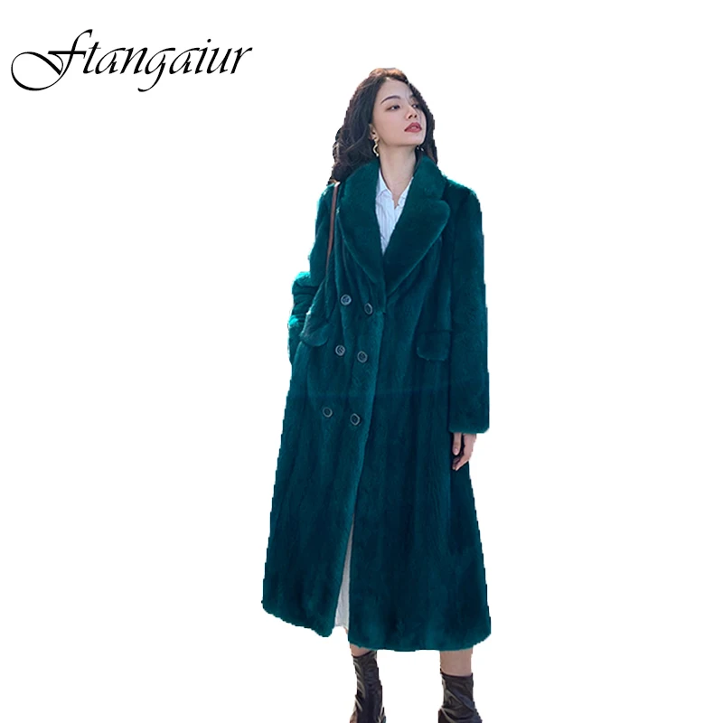 

Ftangaiur Winter Import Velvet Mink Fur Coat Double Breasted Looss Pure Color Mink Coat Women X-Long Natural Real Mink Fur Coats