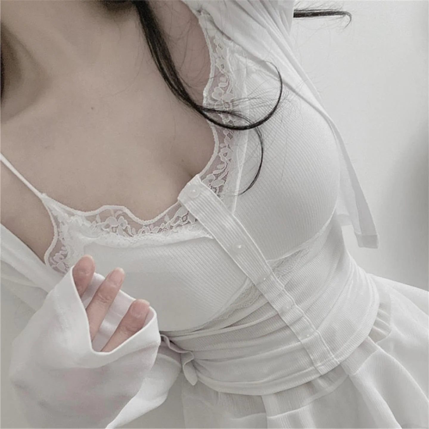 Pure Desire Lace Trim  Strap Top with Chest Pad Seductive Women's Flavor Small Strap Shirt Regular Thickness Summer Season