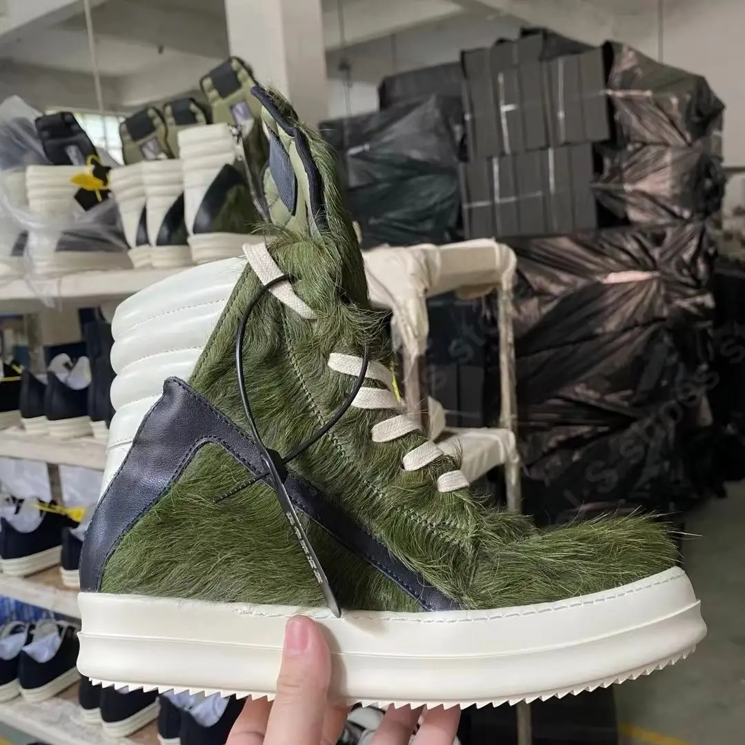 Ricks Men Shoes Brand RO Ankle Boot Army Green Horsehair Casual Shoes Owen Women Sneaker Hose Hair Army Boots Zip High Top Shoe