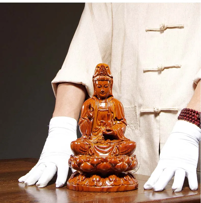 30CM Large GOOD HOME Family Spiritual efficacious Mascot sitting Guanyin buddha ROSE Wood Handmade carving art statue