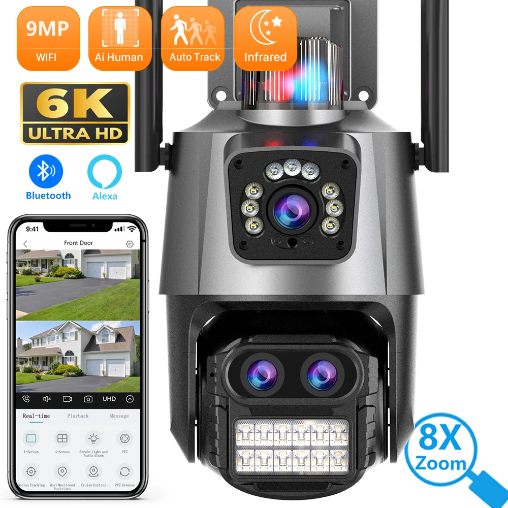 

4.5K 9MP WIFI Camera Outdoor 8X Zoom Three Lens Dual Screen Audio Home Security 6MP PTZ Auto Tracking CCTV Video Surveillance