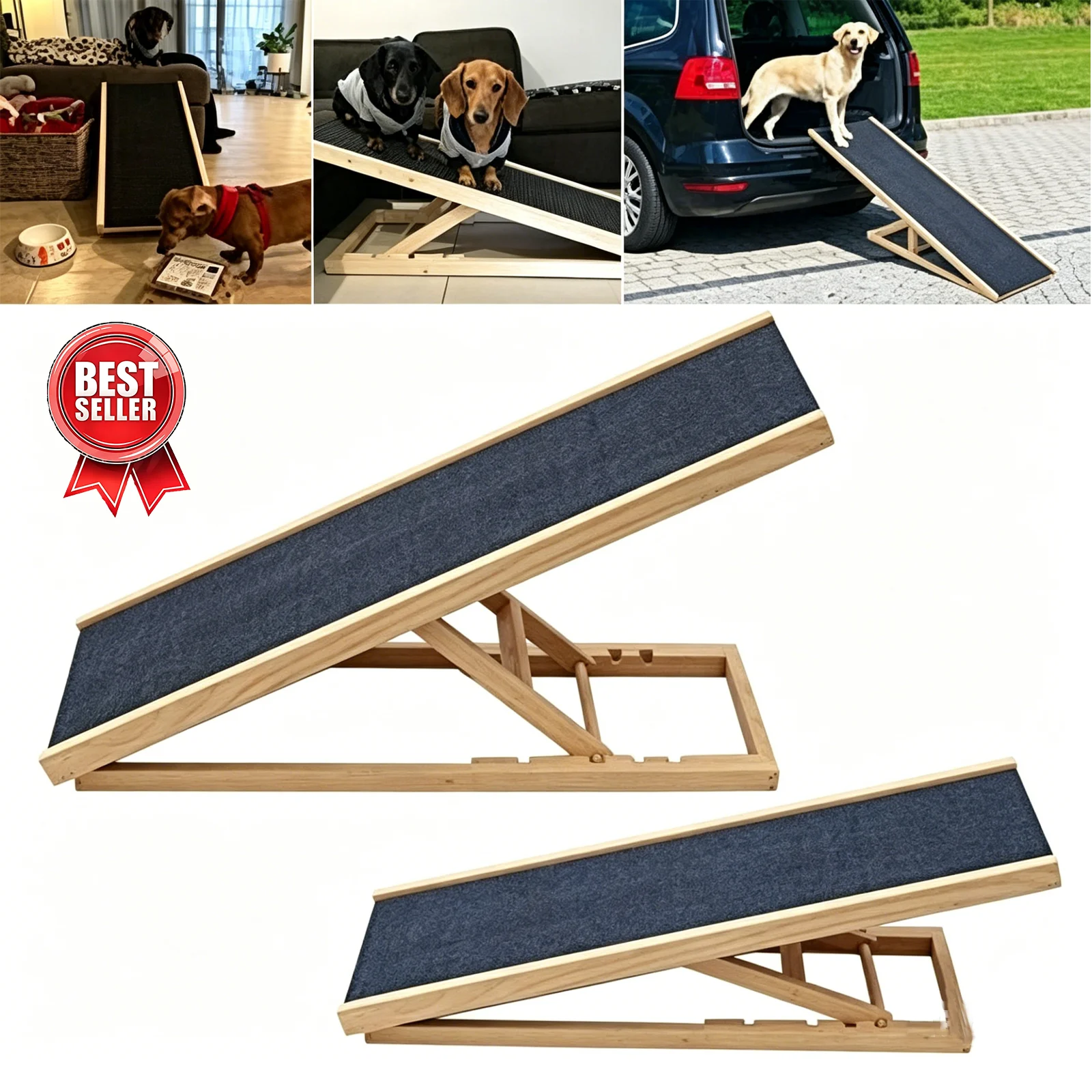 Rampe pliable pour animaux de compagnie – rampe pour chien réglable en hauteur, sûre, avec tapis antidérapant, rampe portable en bois massif idéale pour les voyages
